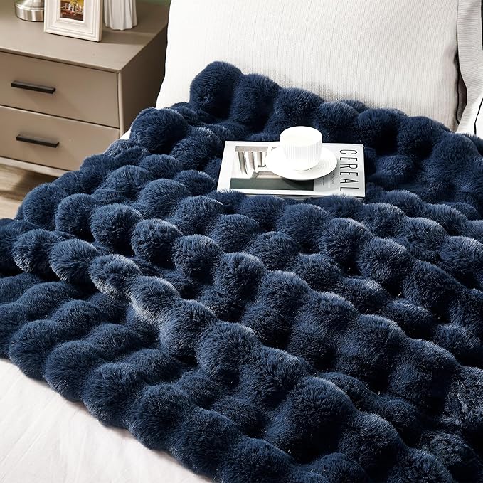 DREAMNINE Large Soft Thick Fuzzy Bubble Faux Rabbit Fur Blanket Full Size 70" x 80",Double Sided Comfy Plush Warm Shaggy Fluffy Blankets, Luxury Big Cozy Cute Textured Furry Blanket for Bed, Navy Blue-Ruum Studio Home