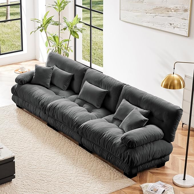 Modular Sectional Sofa Cloud Couch 3-Seater Deep Seat Sofa Couch, Oversized Couch Bed Sectional Couch with Round Bolster Armrests 5 Pillows, Modern Sofa Chair Comfy Couch(Gray)-Ruum Studio Home