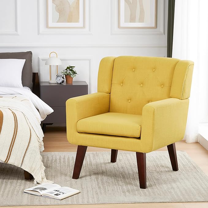 Accent Chairs Set of 2, Button-Tufted Upholstered Living Room Chairs Set of 2, Comfy Reading Chair Mid Century Modern Chairs with Linen Fabric Lounge Arm Chairs for Bedroom (Bright Yellow)-Ruum Studio Home