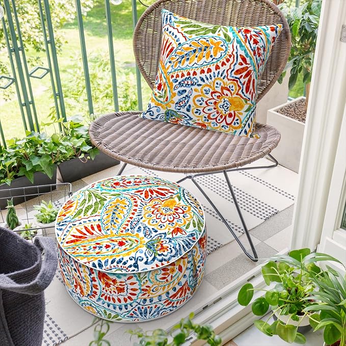 Inflatable Ottoman Stool D21 xH9 for Outdoor/Indoor Use, Water Repellent Patio Foot Rest Stool with Portable Handle,Round Pouf Ottoman Suitable for Garden,Deck and Camping - Paisley Multi-Ruum Studio Home