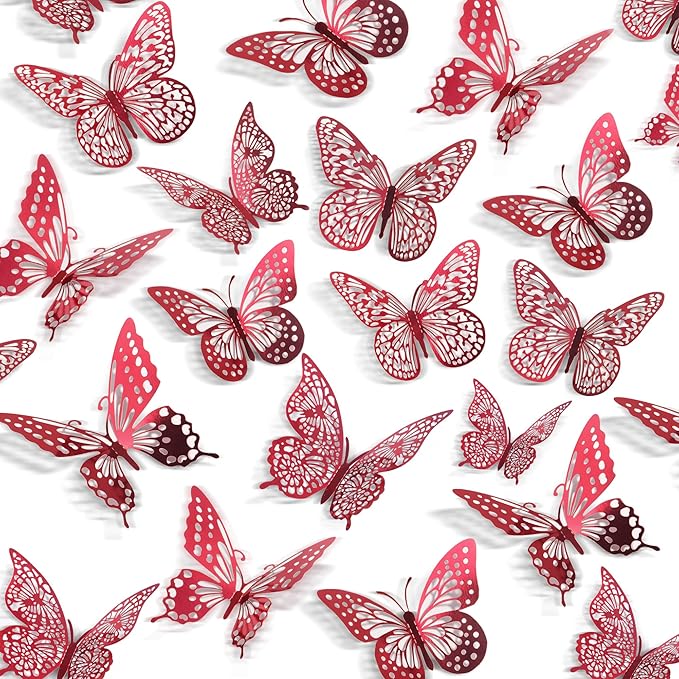 SAOROPEB 3D Butterfly Wall Decor - 48 Pcs, 4 Styles, 3 Sizes - Removable Stickers (Blood Red) for Birthday & Party Celebrations-Ruum Studio Home