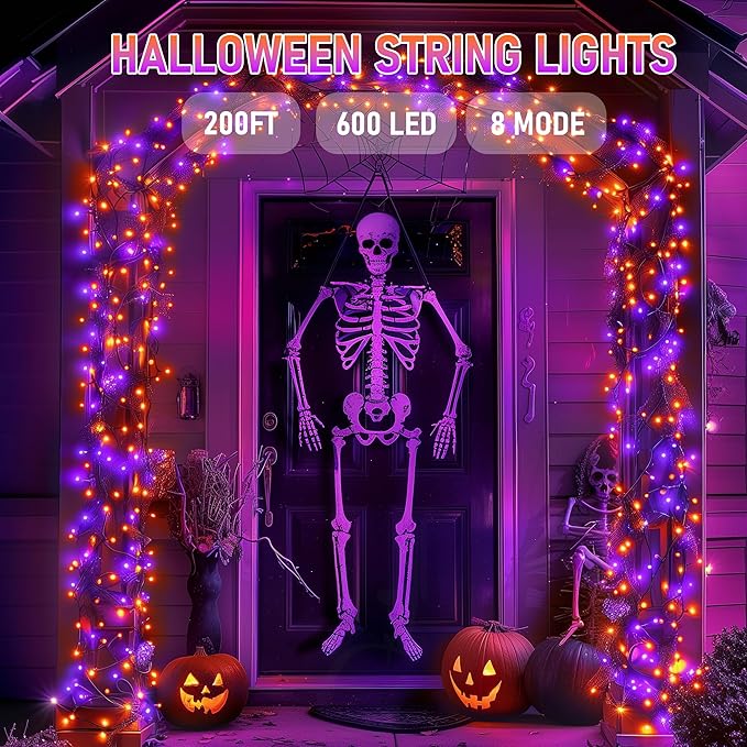 Dazzle Bright Halloween String Lights, 600 LED 196 FT Waterproof Black Wire String Lights with 8 Lighting Modes, Halloween Decorations Outdoor for Party Yard Garden Decor, Purple and Orange-Ruum Studio Home