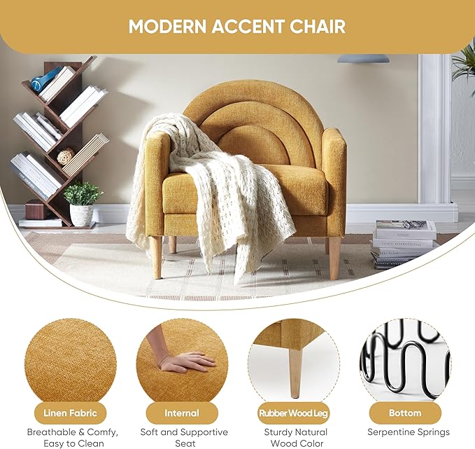 Accent Chair Reading Chair with Armrest, Small Comfy Chair for Small Spaces, Modern Linen Upholstered Armchair for Bedroom & Living Room, Single Sofa Chair with Wood Legs, Easy Assembly (Yellow)-Ruum Studio Home