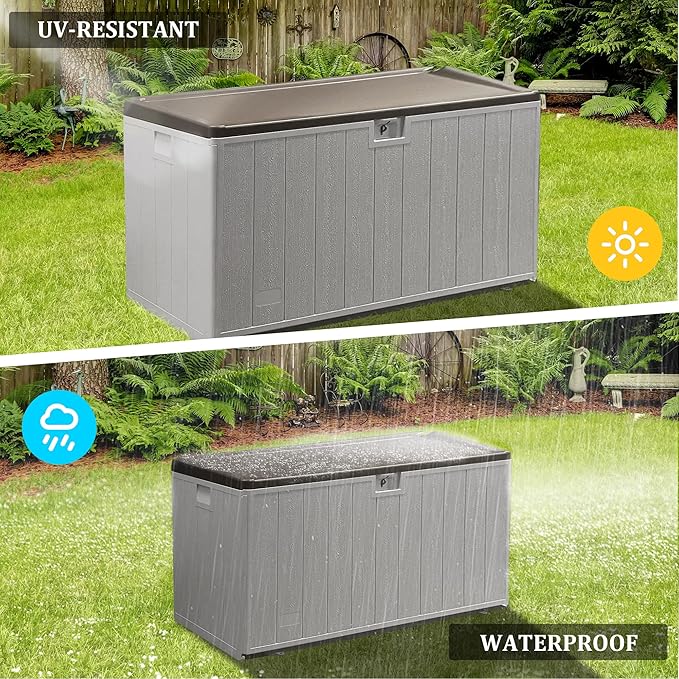 110 Gallon Pro Outdoor Storage Box Waterproof Lockable Deck Box Large, Patio Storage Bin for Pool Accessories Cushion Furniture, Garden Tools, UV-Resistant Outside Delivery, Grayish Brown-Ruum Studio Home