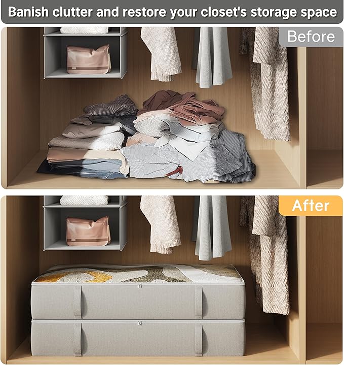 2-Pack Under Bed Storage Containers, 8 Inches Tall Underbed Clothes Storage Organizer Bin with Sturdy Sidewalls/Bottom, Under the Bed Storage Bags 2 Storage Bins, Light Grey-Ruum Studio Home