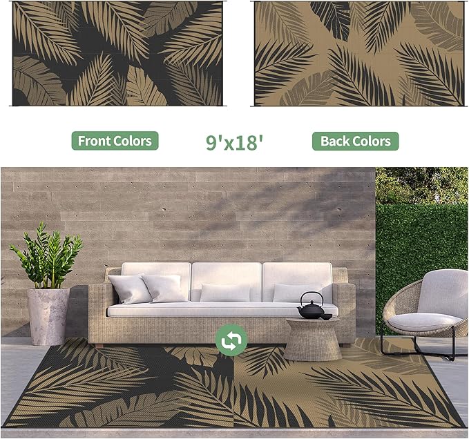 GENIMO Outdoor Rug 9' x 18' Waterproof for Patios Clearance, Reversible Outdoor Plastic Straw Camping Rug Carpet, Large Area Rugs Mats for RV, Camper, Deck, Balcony, Porch, Beach, Picnic, Black&Brown-Ruum Studio Home