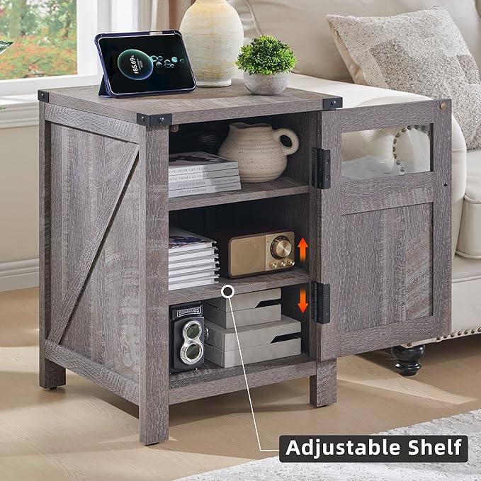 JXQTLINGMU Farmhouse End Table with Charging Station, 18'' Rustic Nightstand with Barn Door & Adjustable Shelf, Wooden Sofa Side Table with 3-Tier Storage for Living Room, Bedroom, Gray-Ruum Studio Home