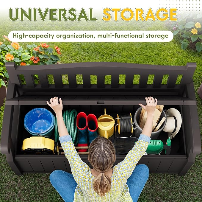 Greesum 80 Gallon Storage Bench Outdoor Deck Box with Armrest, Patio Furniture,Lockable, Waterproof and UV Resistant, Suitable for Garden, Pool, Brown-Ruum Studio Home