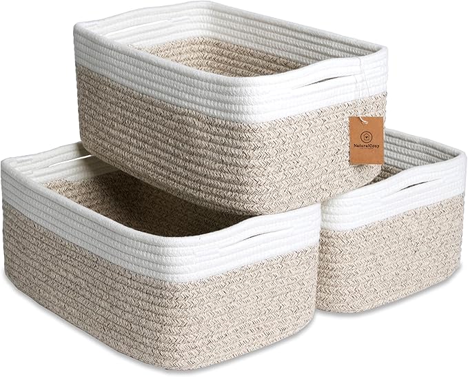 NaturalCozy 13.5”x8.5”x5.5” Storage Baskets for Shelves 3 Pack | Cotton Rope Woven Small Baskets for Organizing | Small Storage Bins for Nursery, Bathroom, Closet, Cube Shelf, Decorative, Gift-Ruum Studio Home