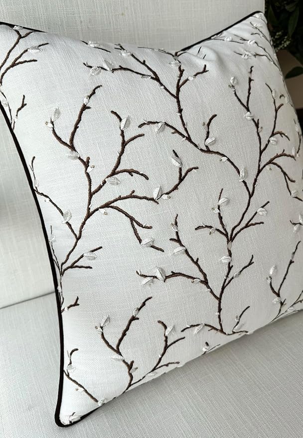 VAGMINE Embroidered Pussy Willow Throw Pillow Cover - 18x18 Inches Square - 100% Cotton Ivory Decorative Cushion Cover - Floral Embroidery - Soft Neutral Accent for Sofa, Bed, Couch, Farmhouse Décor-Ruum Studio Home