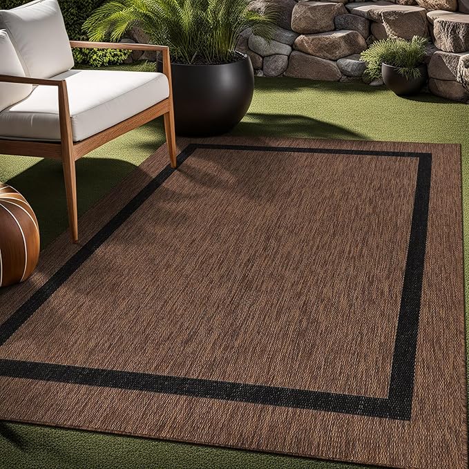 Bordered Outdoor Rug 8x10 Washable Outside Carpet for Indoor Patio Porch Waterproof Easy Cleaning Non Shedding Area Rugs Nut Brown - Black 8 x 10-Ruum Studio Home