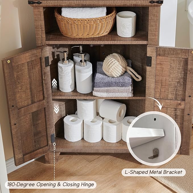 Corner Bathroom Cabinet, Farmhouse Small Corner Cabinet with Barn Door & Adjustable Shelf, Storage Cabinets for Bathroom, Kitchen, Living Room, Rustic Brown-Ruum Studio Home