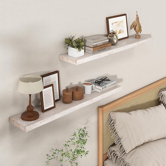 Axeman Floating Shelves for Wall - 40''W x 8'' D Rustic Solid Elm Wood Shelves for Storage, Wall Mounted Display Shelving with Invisible Heavy-Duty Metal Bracket (White Wash, 2PCs)-Ruum Studio Home
