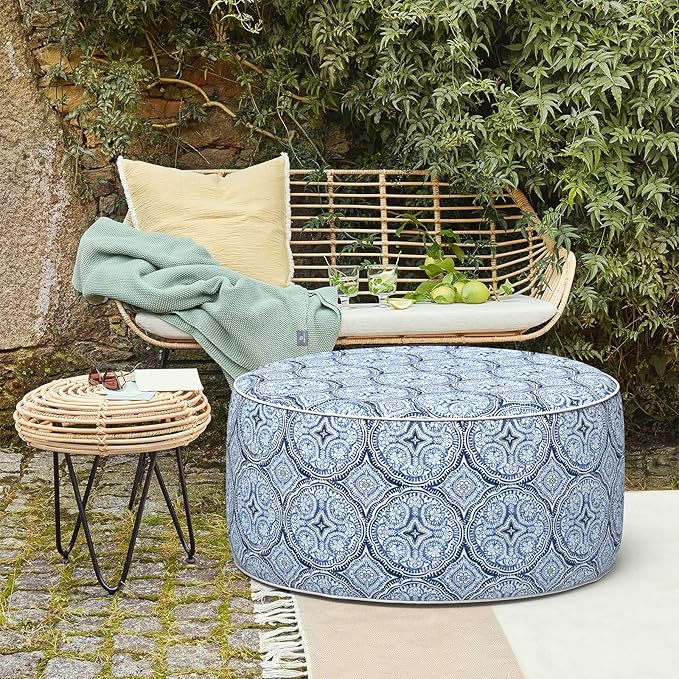 LVTXIII Outdoor Inflatable Ottoman, Fade-Resistant Round Footrest Stool D31”x H14”, Portable Patio Pouf for Garden Camping or Home Use, Medallion Blue-Ruum Studio Home