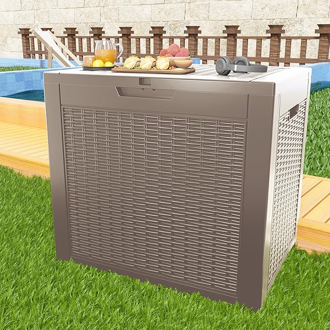 36 Gallon Outdoor Deck Box,Storage Lockable Waterproof Patio Furniture,Garden Tools,Cushions,Pool Accessories Outside Storage Resin Box(Grey Pattern)-Ruum Studio Home