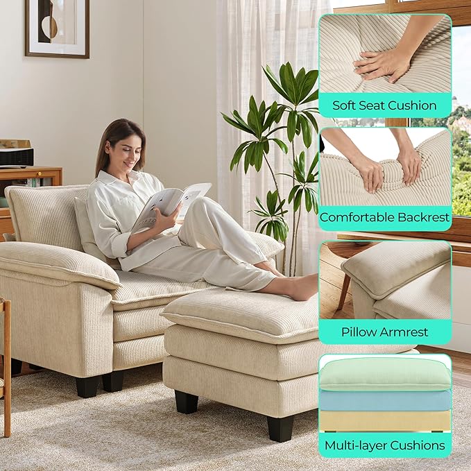 LINSY HOME Sofa Chair with Movable Ottoman - Corduroy Cloud Couch Chair Soft Comfy Modern Sofa Chaise Single Sleeper Chair Bed for Living Room Apartment Office, Beige-Ruum Studio Home