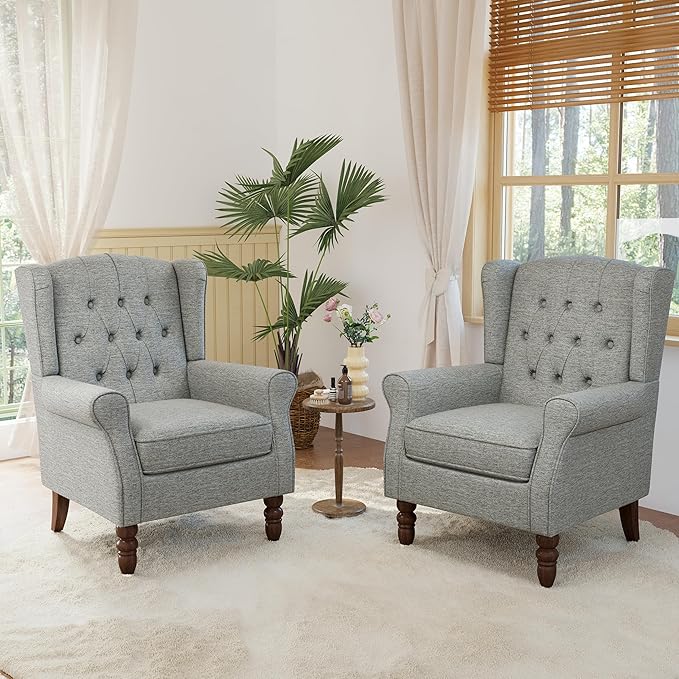 Lumibee High Back Accent Chair Set of 2,Upholstered Wingback Armchair with Solid Wood Legs for Small Spaces,Comfy Single Sofa Chair for Living Room,Bedroom,Office-Light Gray-Ruum Studio Home