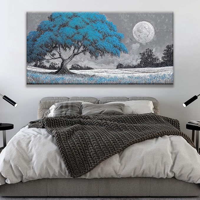 TAIJXAGSG Wall Art Blue Tree Moon Picture Canvas Art Wall Decor Artwork Abstract Canvas Print Painting Nature For Living Room Bedroom Bathroom Office Home Wall Decor 29"X 58"Can Be Hung Directly-Ruum Studio Home
