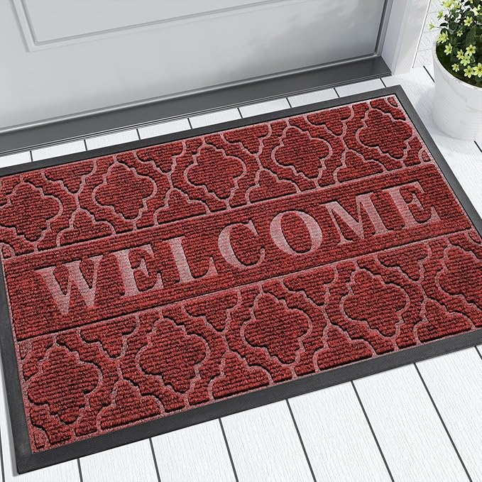 Yimobra Welcome Mat Outdoor Indoor 29.5x17, All-Weather Waterproof Front Door Mat Outside Entrance, Non-Slip Low Profile Porch Patio Doormat, Red-Ruum Studio Home