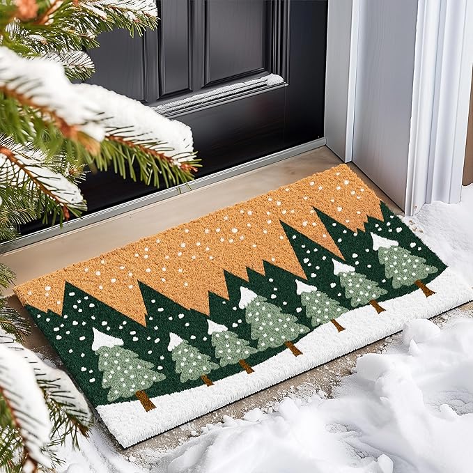 Barnyard Designs Natural Coco Coir Christmas Doormat - Large Cute Non-Slip Heavy Duty Backing Door Mat for Outside Entrance or Porch Entry, Brown (17x30, Winter Snow Forest)-Ruum Studio Home
