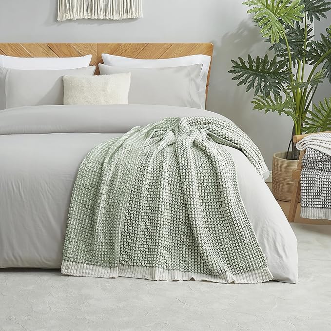 Amélie Home Chenille Waffle Throw Blanket for Couch, Reversible Pineapple Stitch Knit Soft Cozy Knit Blanket Lightweight Warm Decorative Throw for Sofa, Bed, Living Room, 50"x60", Sage Green&Ivory-Ruum Studio Home