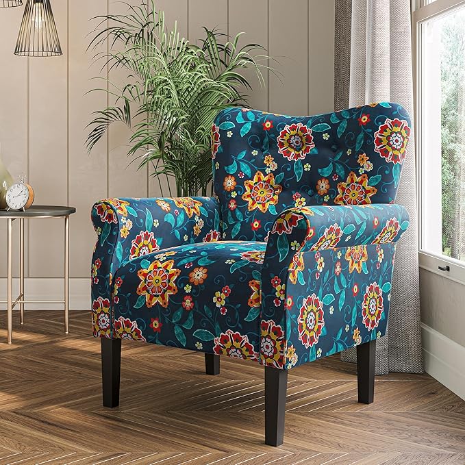 BELLEZE Modern Accent Chair for Living Room, High Back Linen Armchair with Wooden Legs, Upholstered Wingback Side Chair Padded Armrest Single Sofa for Living Room, Bedroom - Allston (Blue & Flower)-Ruum Studio Home