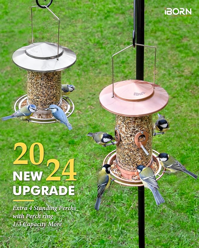 iBorn Metal Bird Feeder for Outside Hanging,Wild Bird Feeders for Cardinal,18cm Large Roof&Tray Brushed Copper 10 Port(Seed is not Included)-Ruum Studio Home