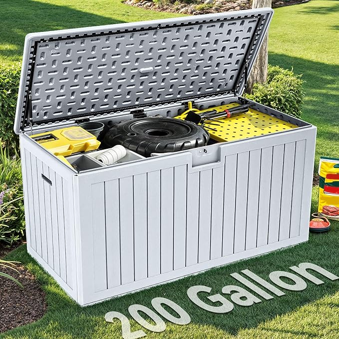 YITAHOME 200 Gallon Extra Large Deck Box, Double-Wall Resin Outdoor Storage Box with Flexible Divider for Patio Cushions Pool Supplies Garden Tools, 990 lbs Load Capacity, Lockable (White)-Ruum Studio Home