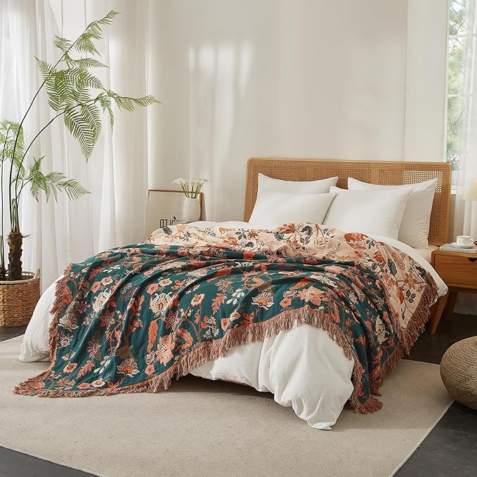 Boho Throw Blanket for Bed 90”x98”, 100% Cotton Woven Blanket for Couch Sofa, Ultra Soft 4-Layer Muslin Quilt with Floral Printed, Farmhouse Bed Blanket/Cover for Living Room Decor-Ruum Studio Home