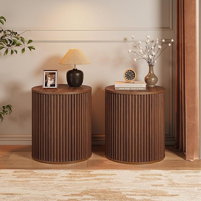 AVZEAR Fluted Round Side Table with Storage, Small Mid Century End Table Fluted Nightstands, Modern Circle Bedside Tables Wood Night Stand for Small Spaces, Living Room, Bedroom (Rustic Walnut)-Ruum Studio Home