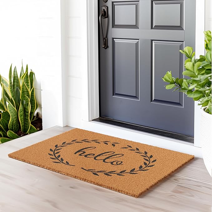 Barnyard Designs Natural Coco Coir Heavy Duty Backing Doormat - Large Cute Non-Slip Front Door Welcome Mat for Outside Entrance or Porch Entry, Brown (24x36, Hello)-Ruum Studio Home