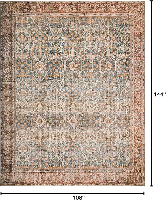 Loloi Layla Collection LAY-04 Ocean/Rust 9'-0" x 12'-0" .13" Thick Area Rug, Soft, Durable, Vintage Inspired, Distressed, Low Pile, Non-Shedding, Easy Clean, Printed, Living Room Rug-Ruum Studio Home