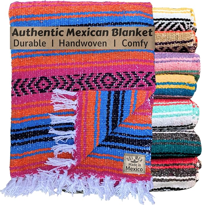 Del Mex Classic Mexican Blanket, Large Authentic Woven Falsa Throw (70"x50"), Artisan Southwest Décor for Beach, Yoga, Outdoors (Turquoise/Pink/Orange)-Ruum Studio Home
