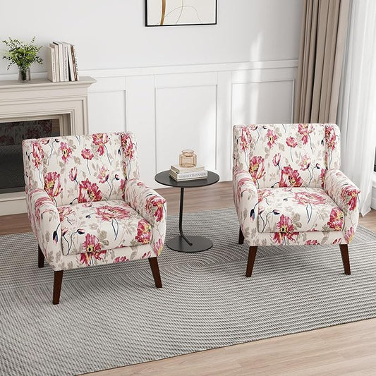 UIXE Floral Accent Chair, Modern Upholstered Armchair in Fabric for Living Room, Comfy Club Arm Chairs Single Sofa Button Tufted Bedroom Reading Seat - Pattern White, Set of 2-Ruum Studio Home