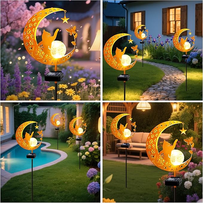 YJFWAL Garden Solar Cat Lights Pathway Stake Lights Glass Globe with Moon Cat Decor, Gifts for Mom Grandma Friends, Outdoor Decor Light Waterproof for Walkway, Yard, Patio or Garden (Warm White)-Ruum Studio Home