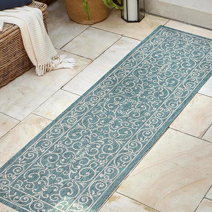 JONATHAN Y Vintage Filigree Indoor Outdoor Runner Rug 2X8 Teal/Gray, Charleston Textured Weave for Backyard, Patio, Porch, Easy-Cleaning, High Traffic, Pet-Friendly, Non-Shedding (SMB106F-28)-Ruum Studio Home