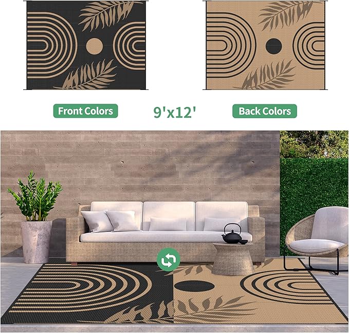 GENIMO Outdoor Rug 9' x 12' Waterproof for Patio Clearance, Reversible Lightweight Plastic Straw Camping Carpet, Large Area Rugs Mats for Rv, Backyard, Deck, Porch, Picnic, Balcony, Mix-Black & Brown-Ruum Studio Home