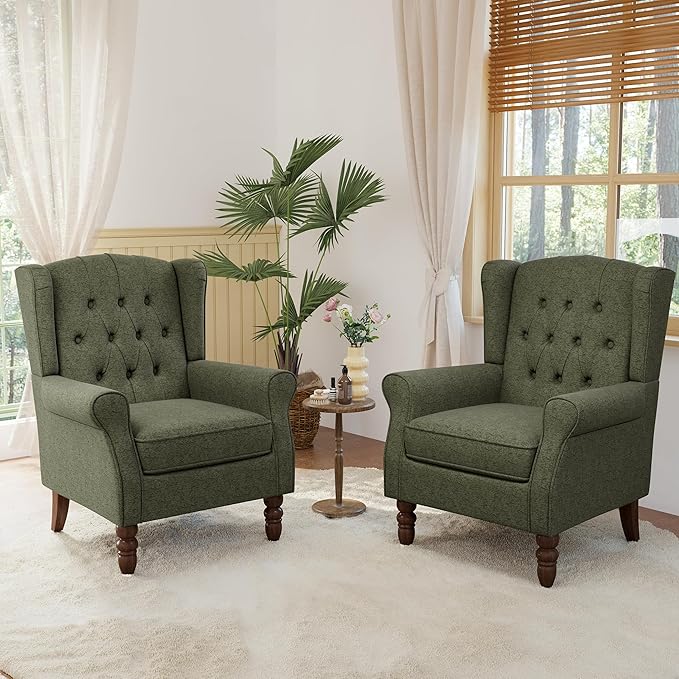 Lumibee High Back Accent Chair Set of 2,Upholstered Wingback Armchair with Solid Wood Legs for Small Spaces,Comfy Single Sofa Chair for Living Room,Bedroom,Office-Green-Ruum Studio Home