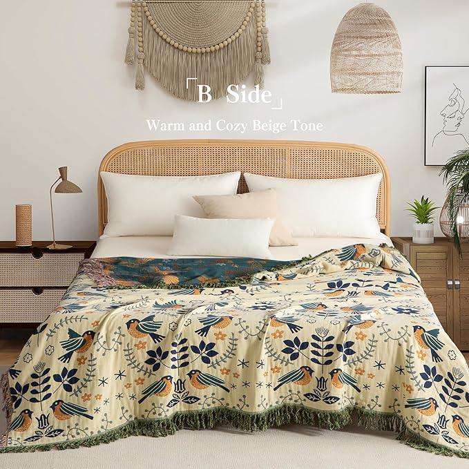 Boho Throw Blanket Full Size, Extra Large Soft Cozy Cotton Muslin Quilt Blanket for Bed Decor, Bird Patterned Couch Sofa Chair Cover, Vintage Farmhouse Cottage Woven Blanket, Green&Beige-Ruum Studio Home