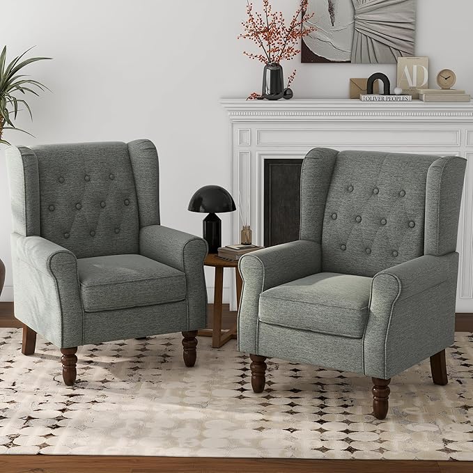 Lumibee High Back Accent Chair Set of 2,Upholstered Wingback Armchair with Solid Wood Legs for Small Spaces,Comfy Single Sofa Chair for Living Room,Bedroom,Office-Gray-Ruum Studio Home