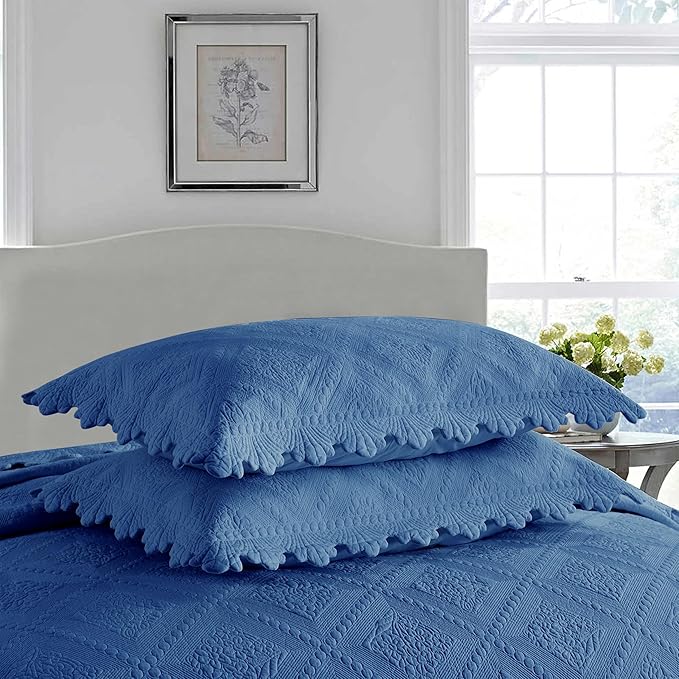 MarCielo 3-Piece 100% Cotton Oversized Bedspread Lightweight Quilt Coverlet Embroidery Farmhouse Bedding Set (Tk Midtone Blue, Oversized King (118"x106"))-Ruum Studio Home