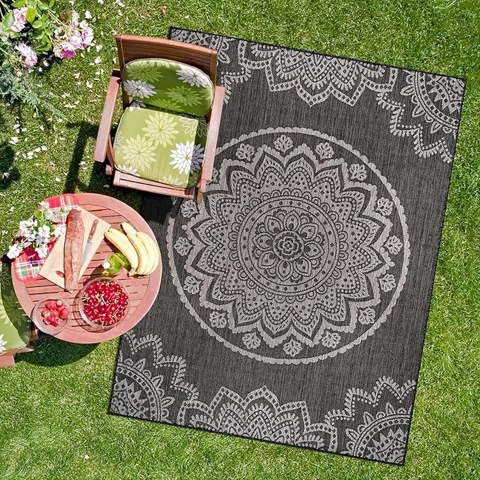 CAMILSON Outdoor Rug 6x9 Modern Area Rugs for Indoor and Outdoor Patios and Porches - Waterproof Washable Non-Shedding Easy-to-Clean Outside Carpet (6 x 9, Medallion - Dark Grey/Light Grey)-Ruum Studio Home