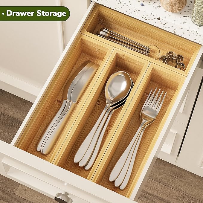 BAMEOS Silverware Organizer, Utensil Drawer Organizer, 4 Slots Kitchen Drawer Organizer, Bamboo Flatware Organizer for Drawer in Natural-Ruum Studio Home