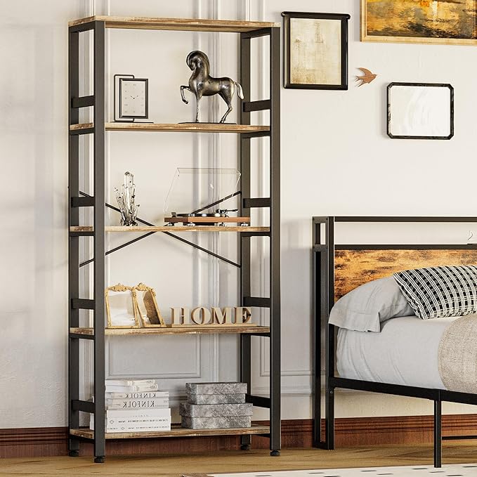 IRONCK Bookshelves and Bookcases, 31.5in Wide Shelf 5-Tier Ladder Shelf 110lbs/shelf Vintage Industrial Style Bookcase for Bedroom Living Room Home, Rustics Brown-Ruum Studio Home