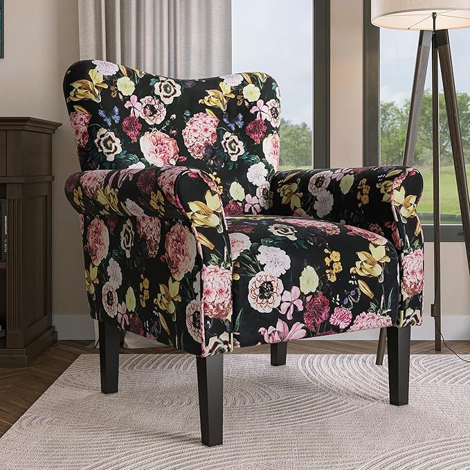BELLEZE Modern Accent Chair for Living Room, High Back Linen Armchair with Wooden Legs, Upholstered Wingback Side Chair Padded Armrest Single Sofa for Living Room, Bedroom - Allston (Black & Flower)-Ruum Studio Home