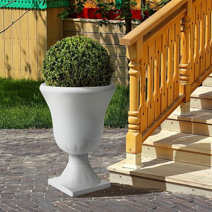 Worth Garden 2-Pack Plastic Urn Planters - 22'' Tall Round Classic Resin Flower Pots Pure White Traditional Large Plant Pots for Front Porch Patio Deck Wedding Decoration Pot - Indoor & Outdoor-Ruum Studio Home