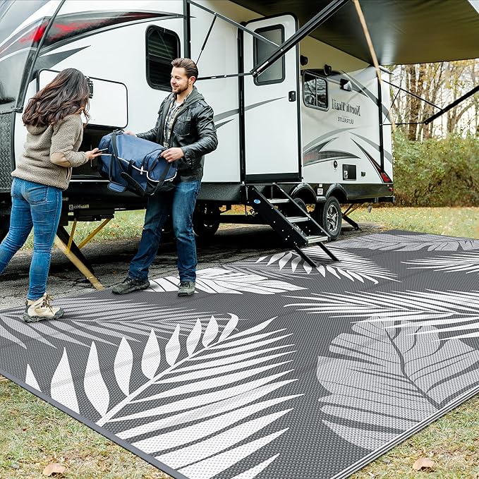 GENIMO Outdoor Rug 10' x 20' Waterproof for Patios Clearance, Reversible Outdoor Plastic Straw Camping Rug Carpet, Large Area Rugs Mats for RV, Camper, Deck, Balcony, Porch, Beach, Picnic, Grey&White-Ruum Studio Home