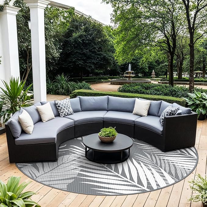 GENIMO Outdoor Rug 10' Round Waterproof for Patios Clearance, Reversible Outdoor Plastic Straw Camping Rug Carpet, Large Area Rugs Mats for RV, Camper, Deck, Balcony, Porch, Beach, Picnic, Grey&White-Ruum Studio Home