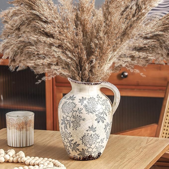 Enra Vintage vase with Handle,Blue and White Ceramic Decorative Flower vase, Chinoiserie Floral Vase,Large Rustic Vases for Home Decors, Living Room, Bookshelf, Office，9.7 inch-Ruum Studio Home