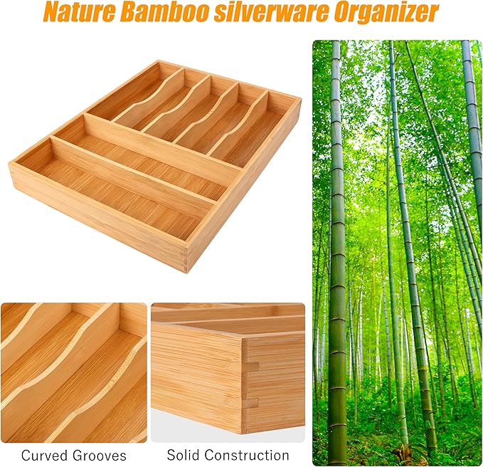 Bellsal Bamboo Silverware Drawer Organizer, Kitchen Utensil Drawer Organizers, 12"x15.7" Utensils Holder Cutlery Tray with Grooved Drawer Dividers for Kitchen Flatware Bedroom Office(7 Slot, Natural)-Ruum Studio Home